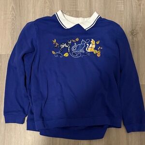 Blue Pullover Sweater with Cat Design